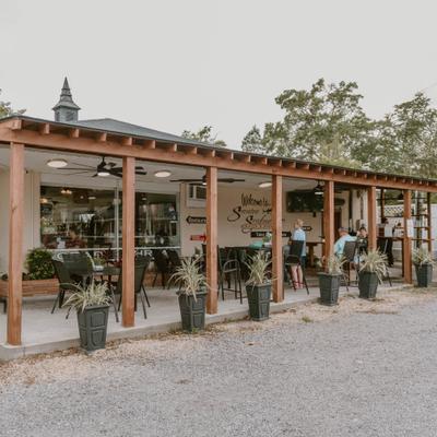 Restaurant patio with outdoor seating.