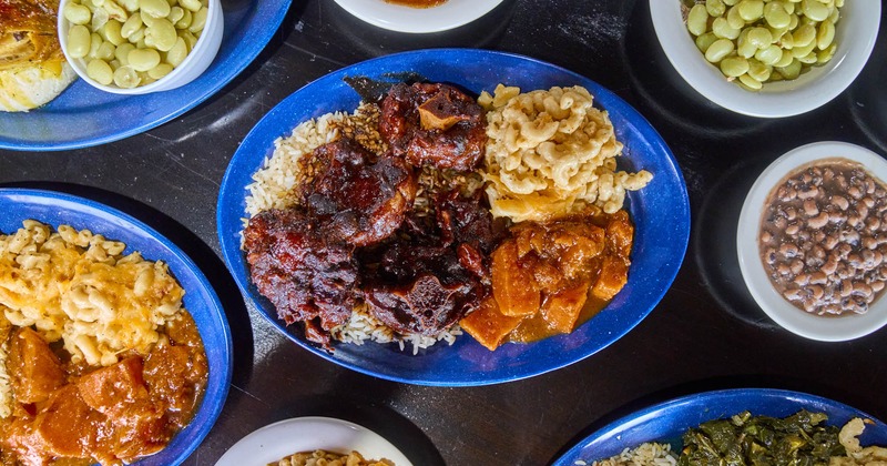 An assortment of dishes spread on the table, top view