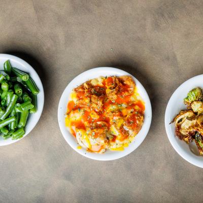 Green beans, Buffalo chicken mac and cheese, and crispy brussels sprouts.
