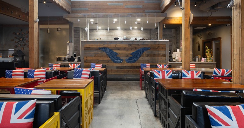 Seating area with American flag and Union Jack cushions
