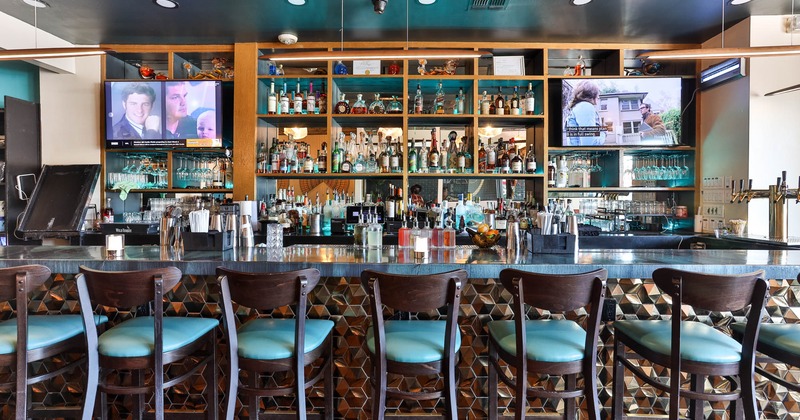 Interior, bar area, bar and bar stools
