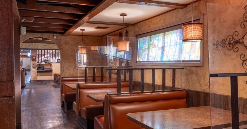 Interior, restaurant booths in dining area