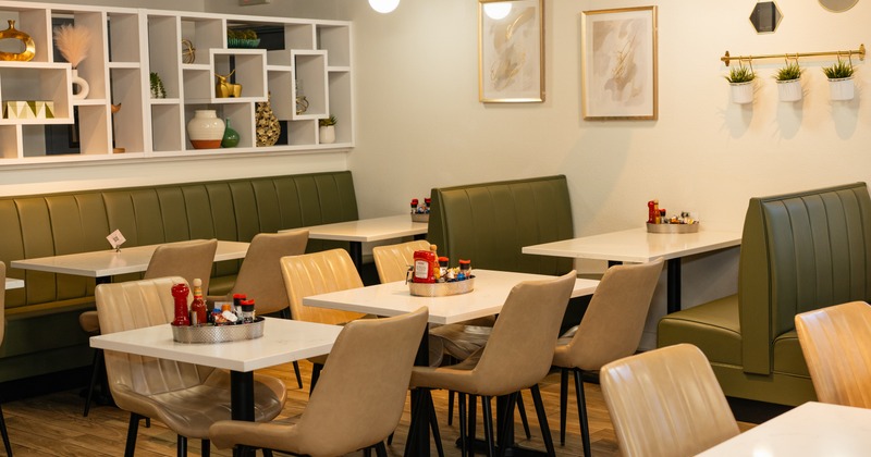 Diner tables and chairs, rack behind