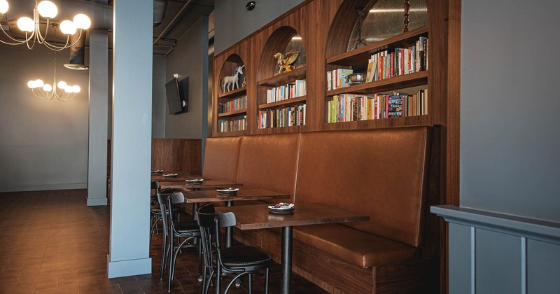 Interior of a restaurant with leather banquette seating