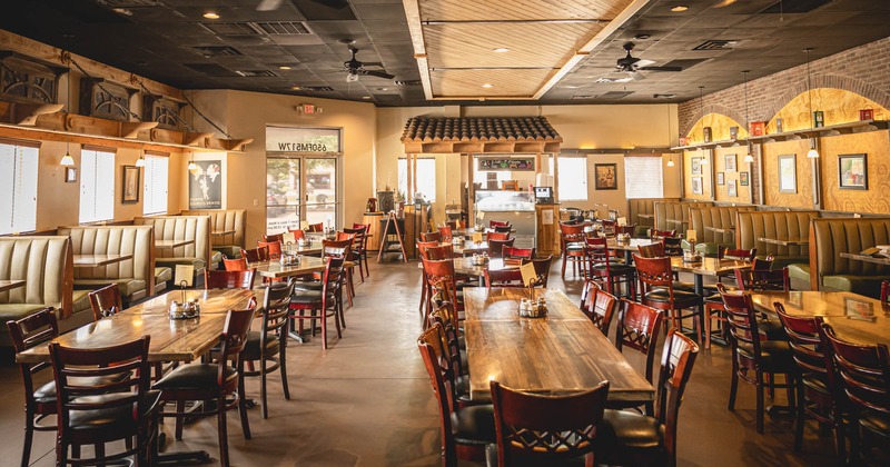 Interior, dining area, restaurant entrance, tables with chairs, ready for guests