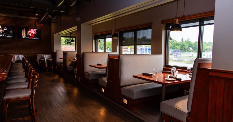 Dining area, seating booths, tables and chairs