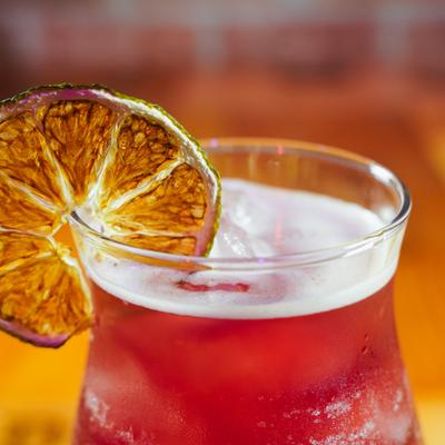 Red cocktail with dried citrus garnish, close up.