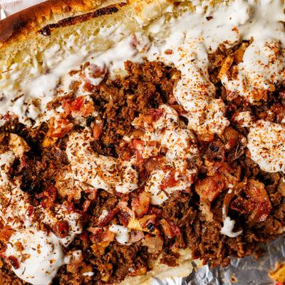 Cheesesteak Sub sandwich, close-up.