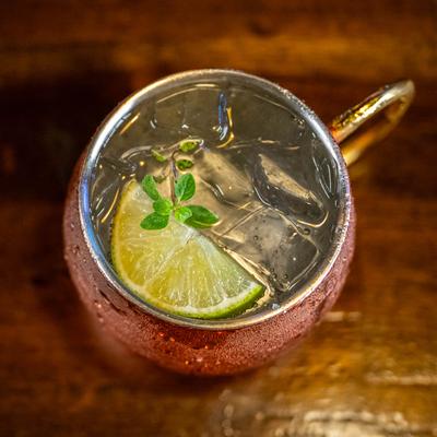 Moscow Mule cocktail in a copper mug.