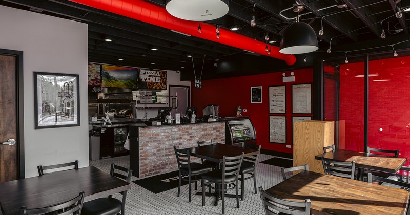 Interior space, seating area and order counter