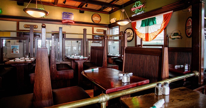 Interior, restaurant booths in dining area