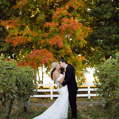 A wedding couple kissing in autumn vineyard.