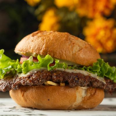 Burger topped with crispy fries, cheese, lettuce and tomato, close-up.