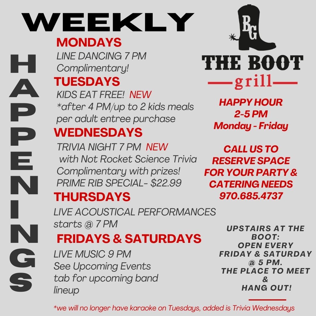 Flyer explaining weekly events at The Boot Grill