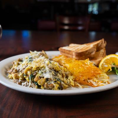 Joe's special scrambled eggs served  with hash browns and toast.