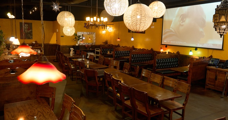 Interior, diner area, tables and chairs