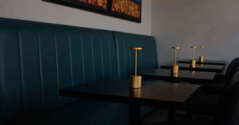 Interior, tables and leather bench seats