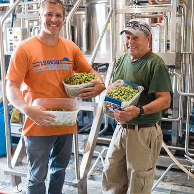 Two people holding containers of fresh hops inside a brewery.