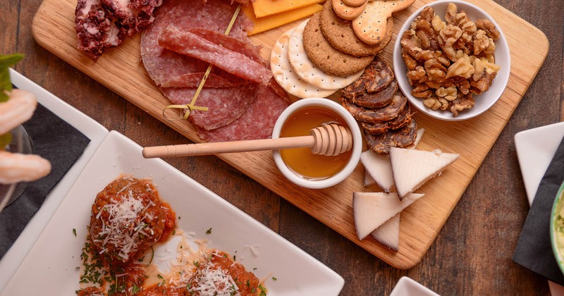 Assorted dishes spread on the table, overhead view