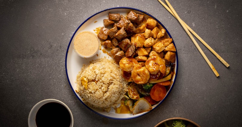 Grilled chicken and steak with rice and vegetables, top view