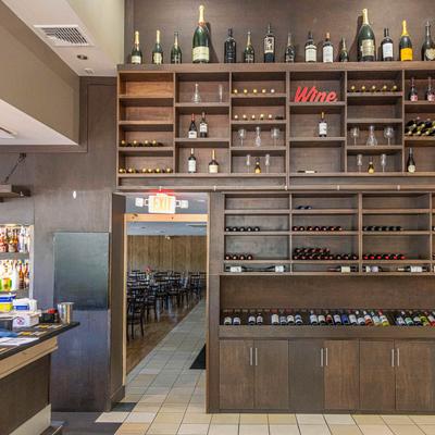 Shelves with bottles.