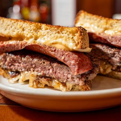 Patty melt sandwich, close-up.
