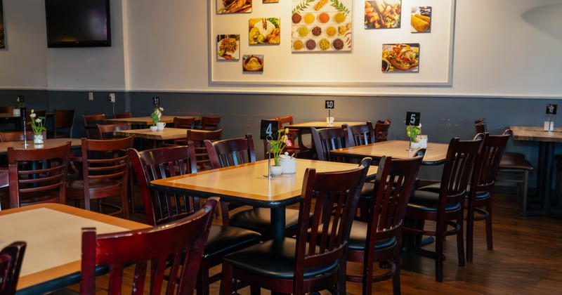 Interior, seating area with tables and chairs