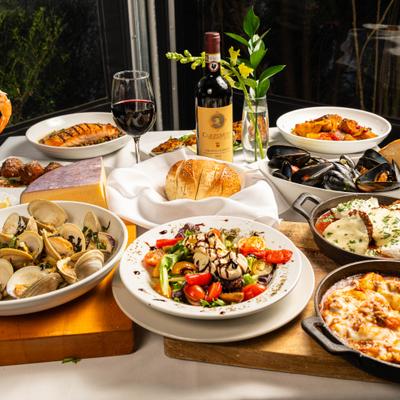 Various food and wine.