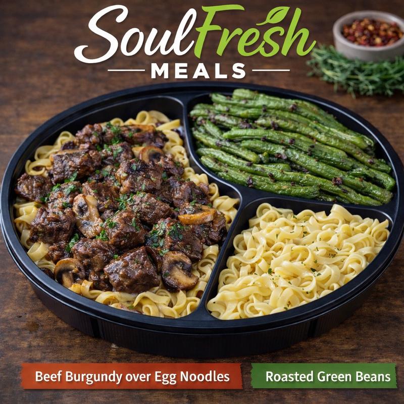 menu item 19 of 43, Beef Burgundy over Egg Noodles | Roasted Green Beans