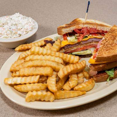 Club sandwich and fries.