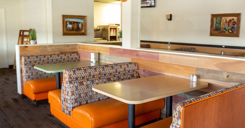 High back bench seating and tables