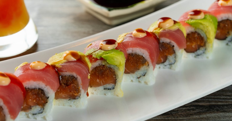 Joe's Special Roll topped with tuna, avocado and sauce
