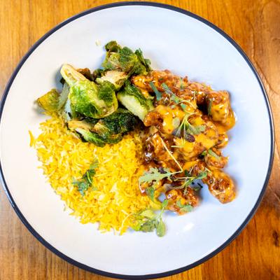 Crispy dynamite chicken bowl, top view.