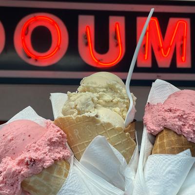 strawberry and vanilla ice cream cones.