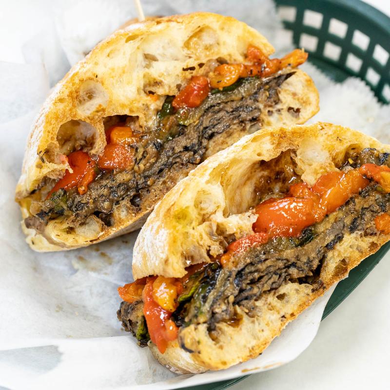 menu item 5 of 27, #5 Grilled Eggplant, Zucchini, and Roasted Red Peppers with Balsamic Glaze on Ciabatta Bread