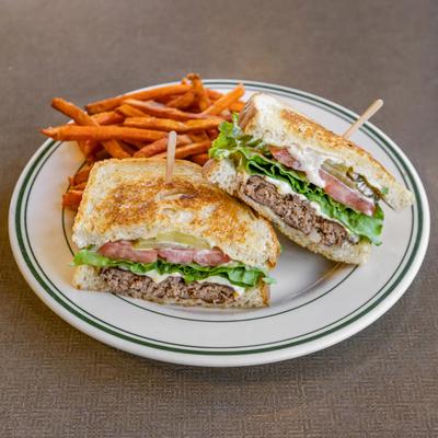 San Franciscan Burger - Burger on sourdough with sweet potato fries.