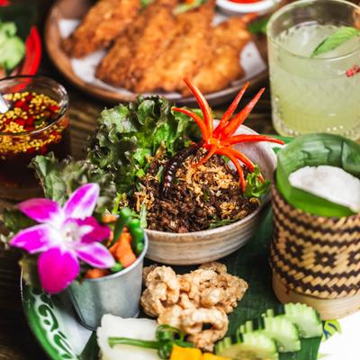 Assorted food and drinks.