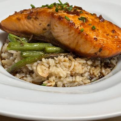 Garlic Honey Salmon with Basmati rice & green beans.