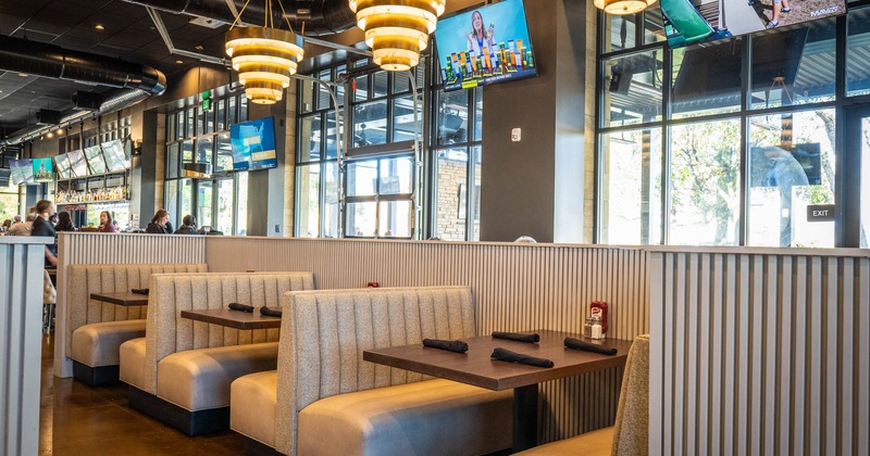 Interior, booth area, tables ready for guests