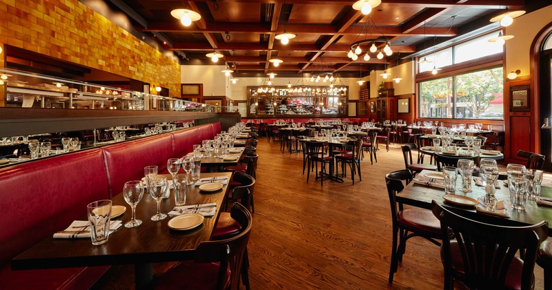 Interior, tables and chairs lined up