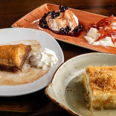 Dessert plates - kataifi, yogurt, and baklava.