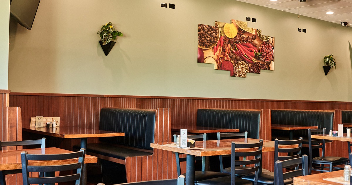 Restaurant interior, dining booths lined up