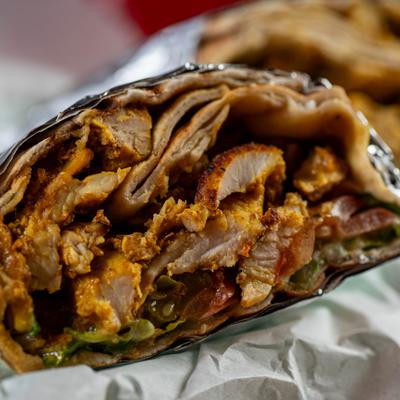 Chicken shawarma wrap, close-up.