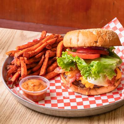 Bacon cheeseburger and sweet potato fries.