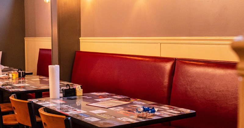 Interior, wall seating , tables and chairs