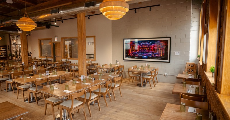 Restaurant interior, dining area, dining tables lined up