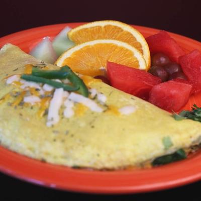 Omelette and fruit.