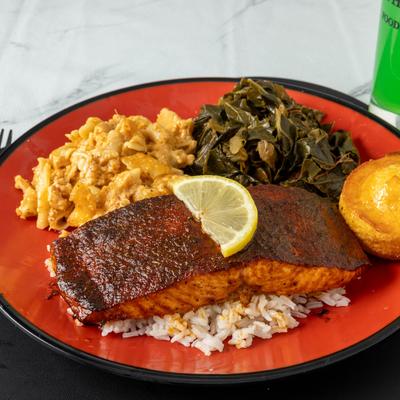 Blackened Cajun Salmon, mac and cheese, collard greens, rice and cornbread.