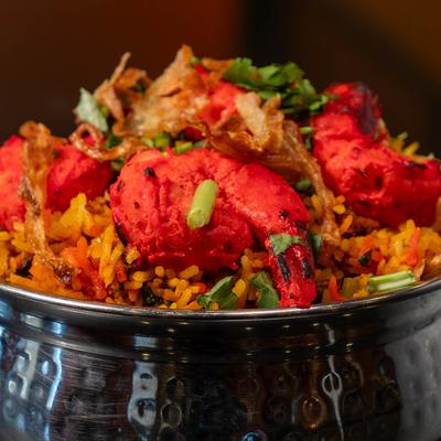 Dish of shrimp, rice and spices.