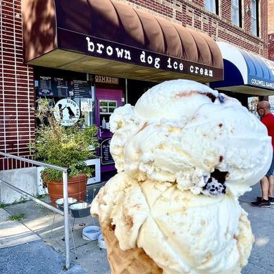 A hand holding a waffle cone with two scoops of vanilla ice cream in front of Brown Dog Ice Cream.